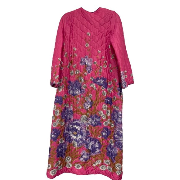Vintage 60s 70s Lara Dee Womens Robe Quilted House Coat S Small Pink Floral - Picture 2 of 9